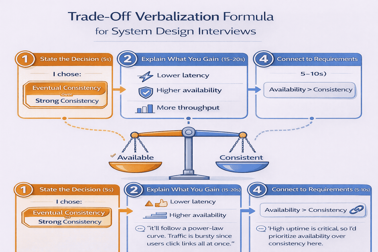 Generated with AI and Author: Four-step trade-off verbalization formula showing decision statement, gains, sacrifices, and requirements connection with example for eventual consistency