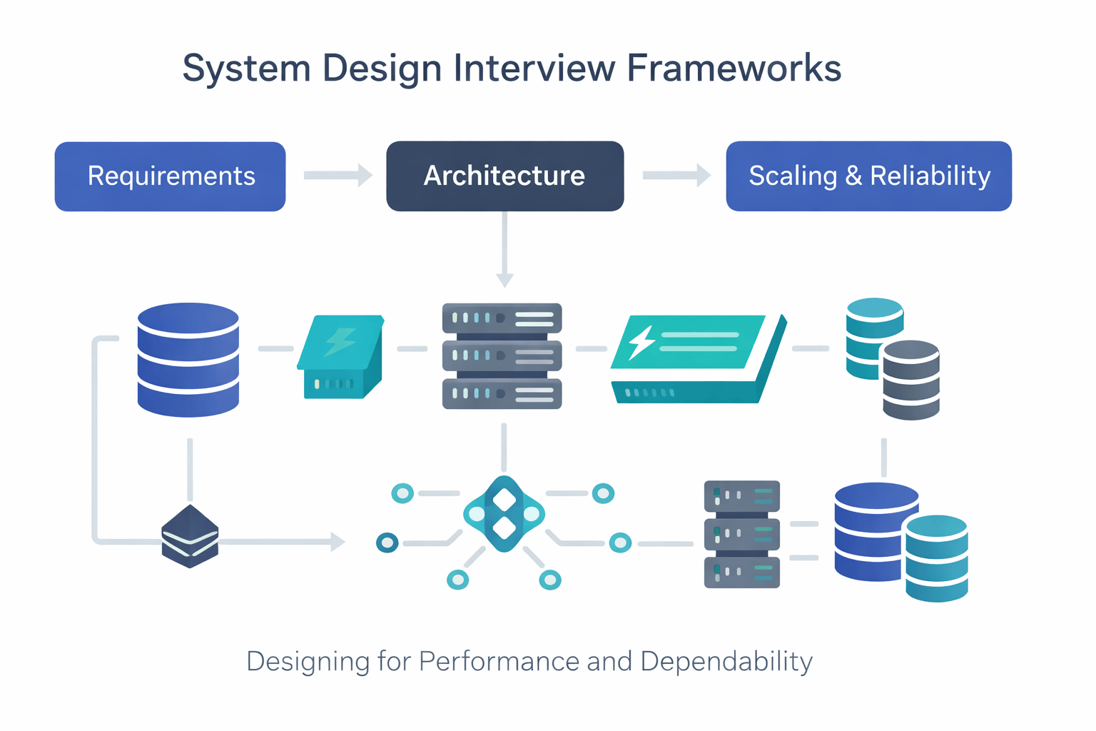 Generated with AI and Author: Vector illustration showing a structured system design framework with interconnected components including requirements gathering, architecture design, scaling strategies, and reliability patterns