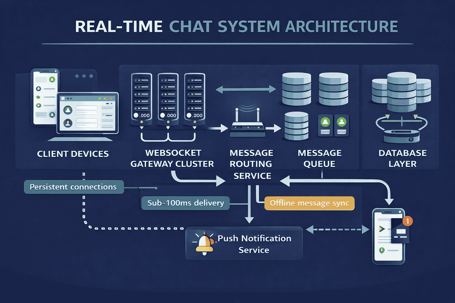 Generated with AI and Author: Real-time chat system architecture showing message flow and connection management