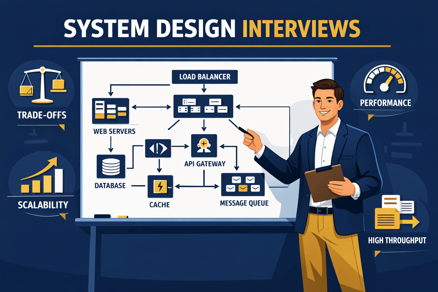 Generated with AI and Author: Senior developer confidently presenting system architecture diagram with interconnected components