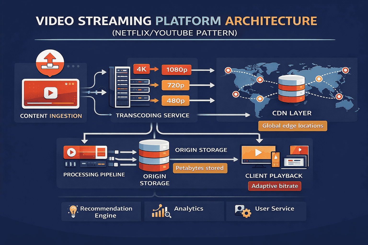 Generated with AI and Author: High-level architecture diagram for video streaming platform showing content flow from upload to playback