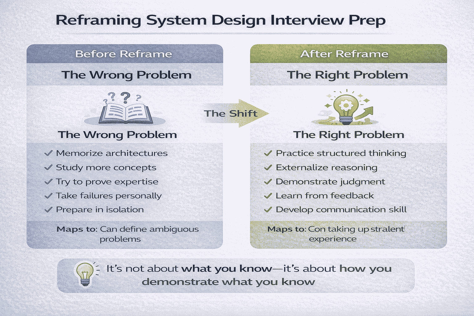 Generated with AI and Author: Side-by-side comparison showing mindset shift before and after understanding what interviews actually test