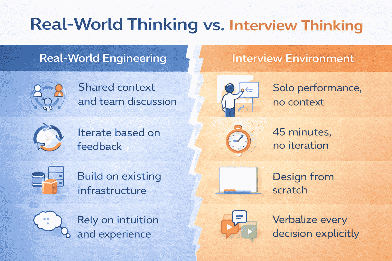 Generated with AI and Author: Comparison infographic showing real-world engineering thought process versus interview-required explicit reasoning