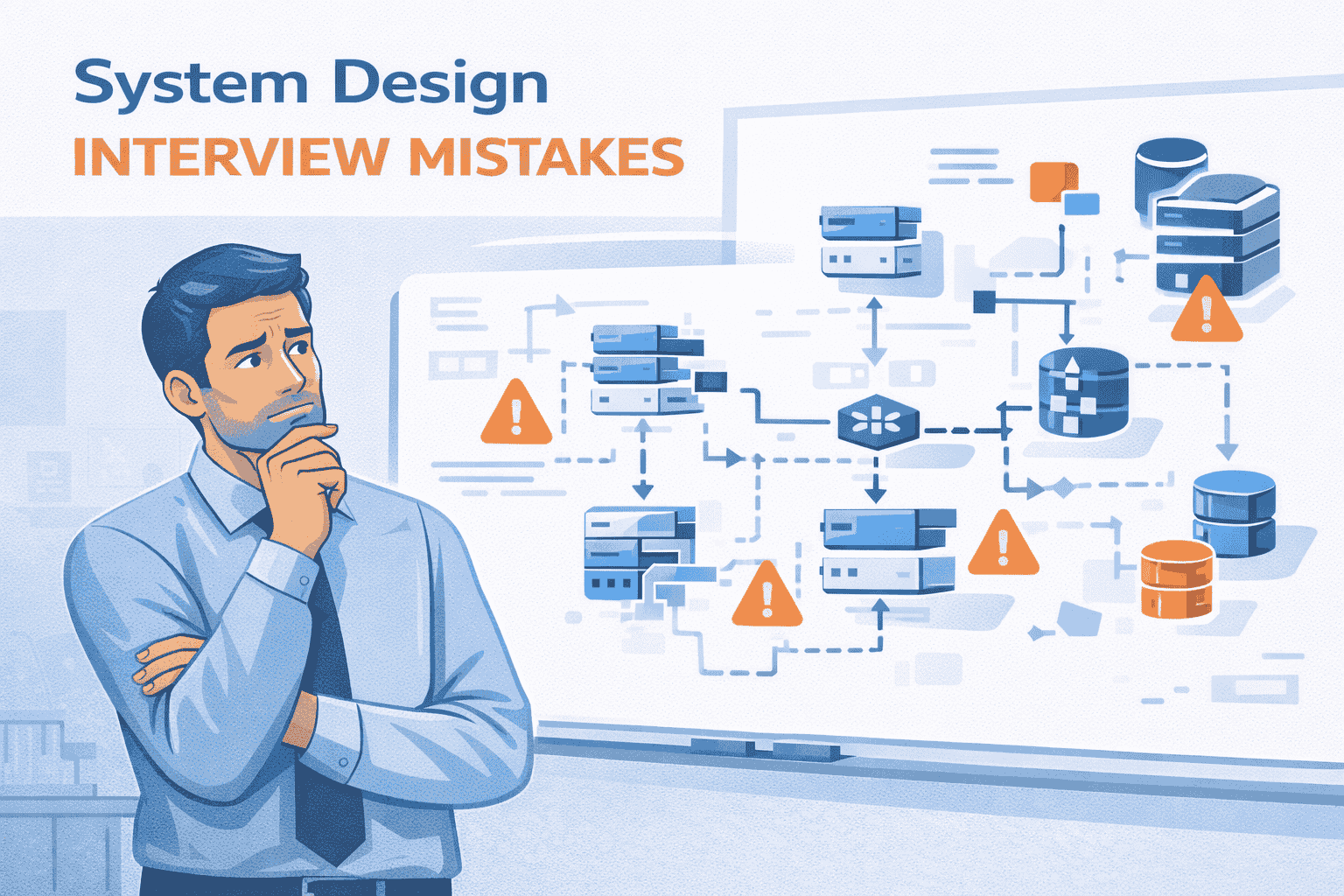 Generated with AI and Author: Vector illustration showing a confused engineer at a whiteboard with fragmented architectural diagrams, representing the disconnect between real-world experience and interview performance