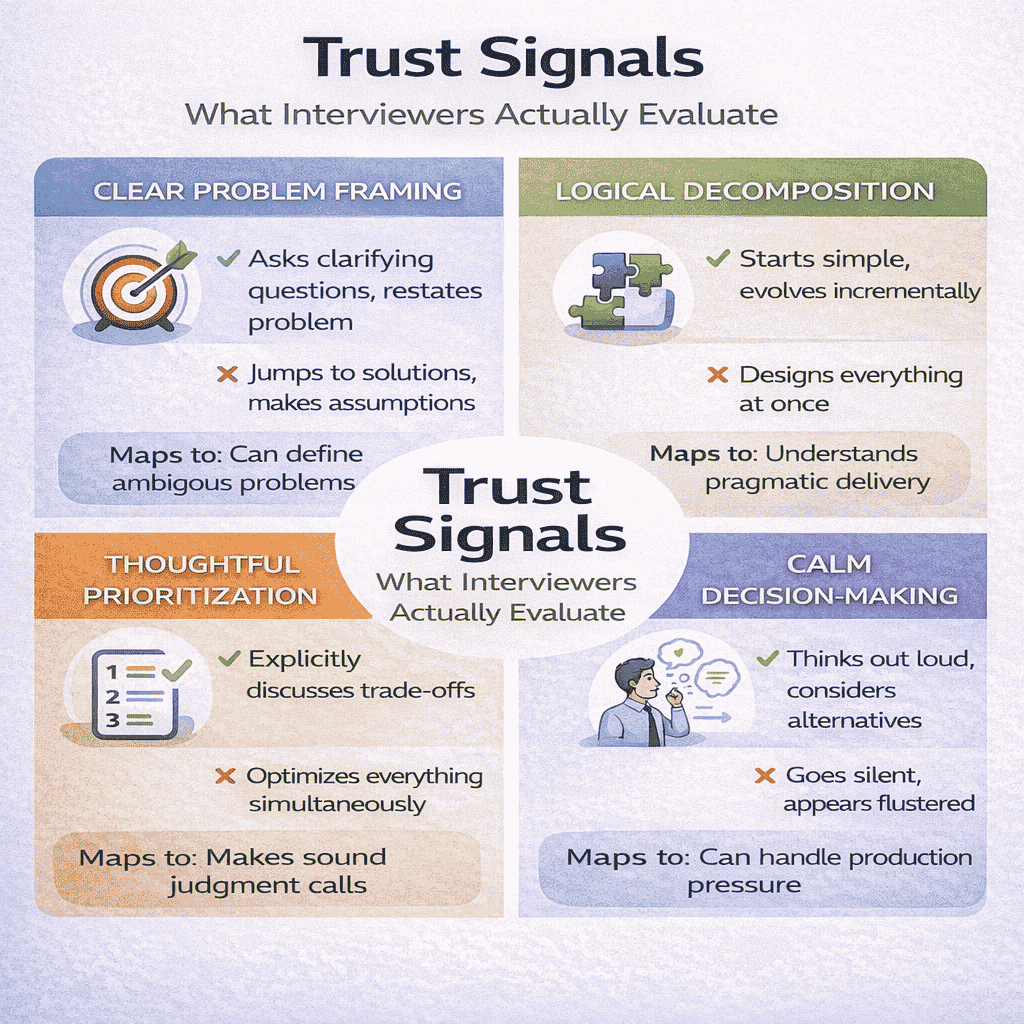 Generated with AI and Author: Four-quadrant framework showing what interviewers evaluate and how behaviors map to trust signals
