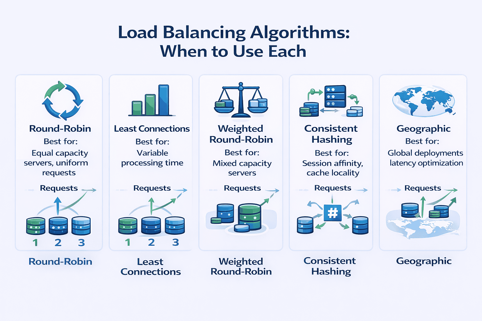 Generated with AI and Author: Visual comparison of load balancing algorithms with use cases