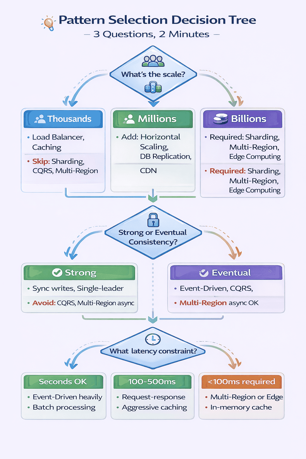 Generated with AI and Author: Decision tree flowchart for selecting applicable system design patterns