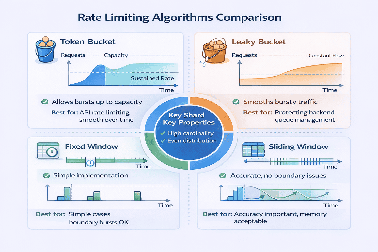 Generated with AI and Author: Visual comparison of four rate limiting algorithms showing request patterns and use cases