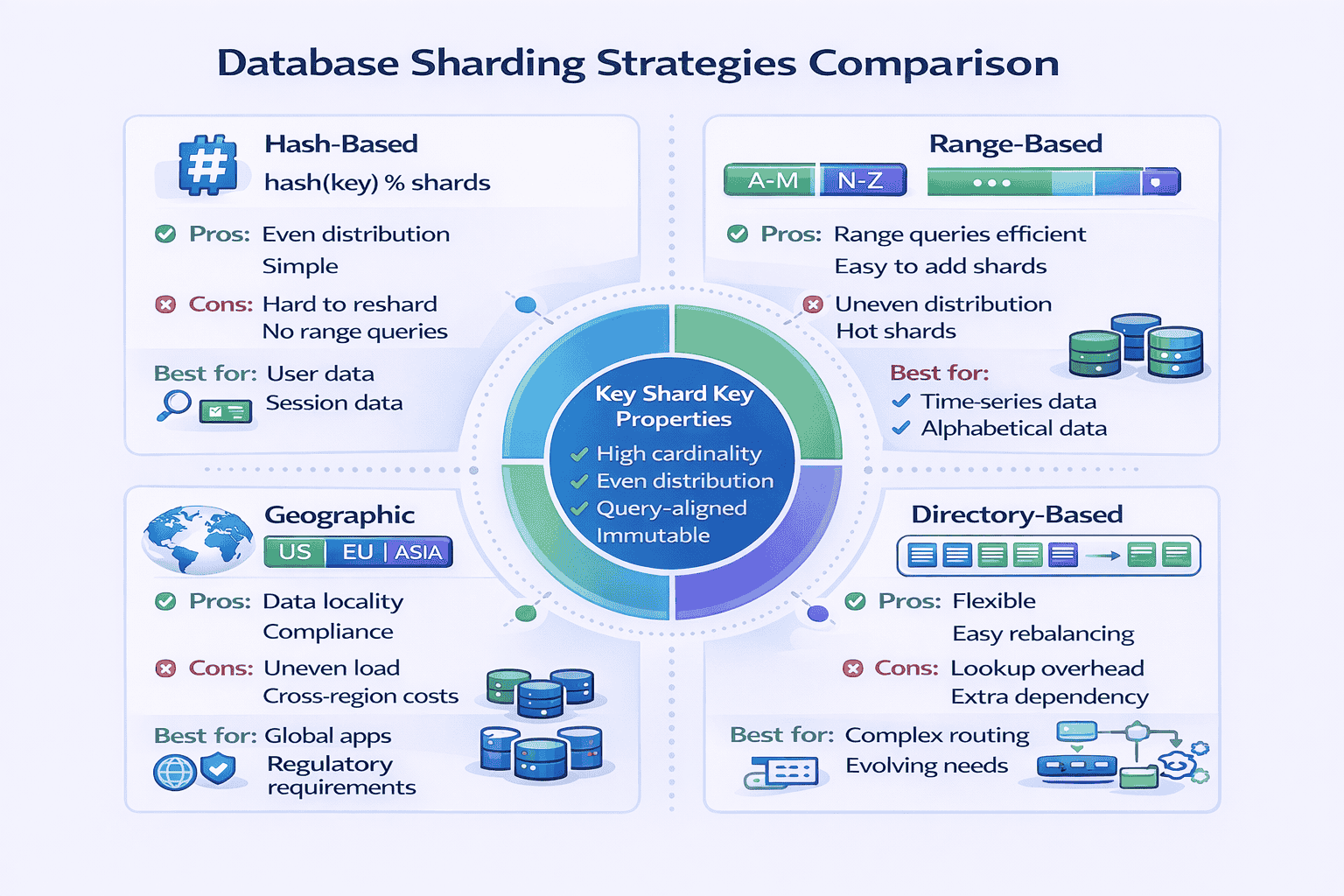 Generated with AI and Author: Visual comparison of four sharding strategies with pros, cons, and use cases
