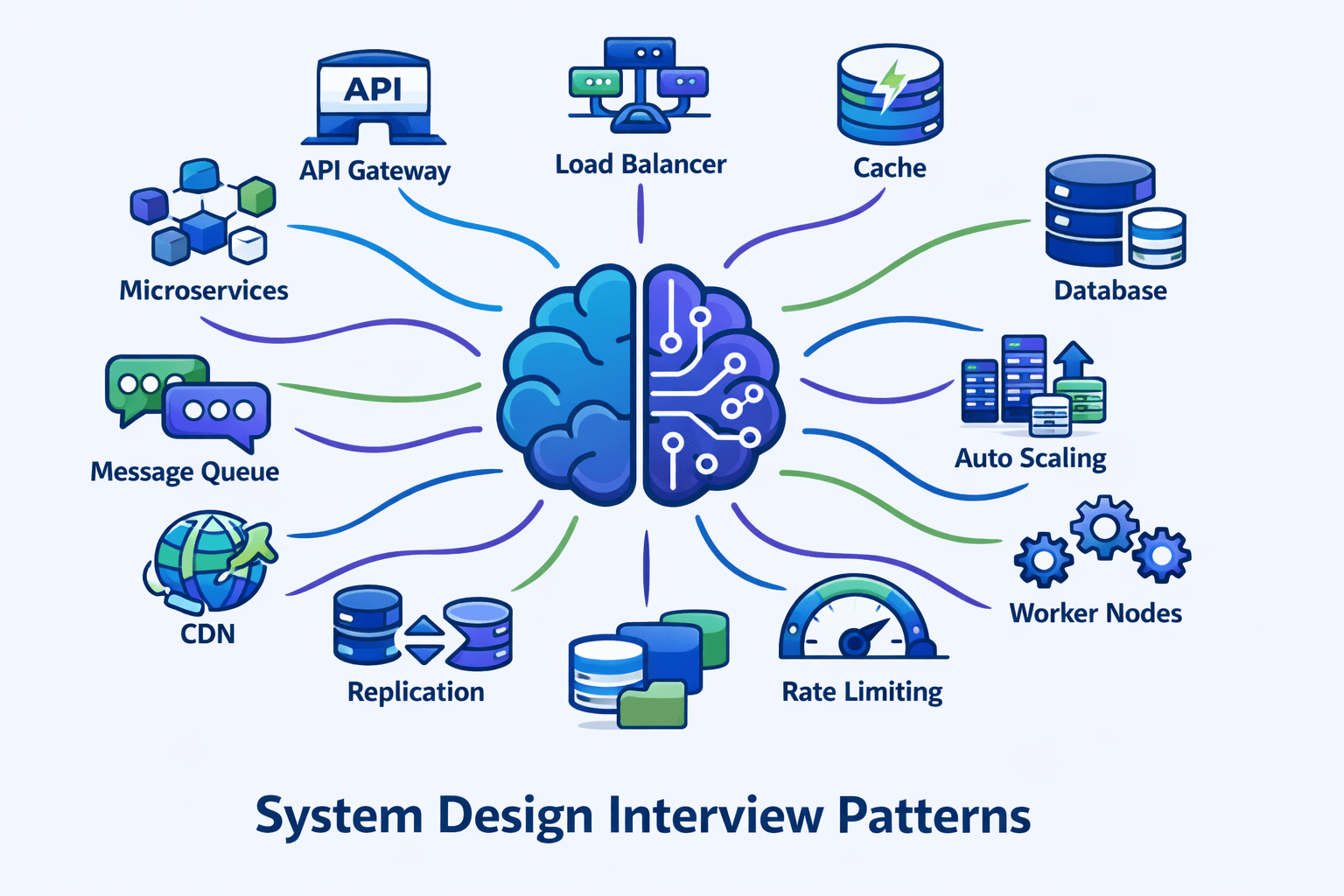 Generated with AI and Author: Vector illustration showing interconnected architectural patterns with central brain symbol representing pattern recognition
