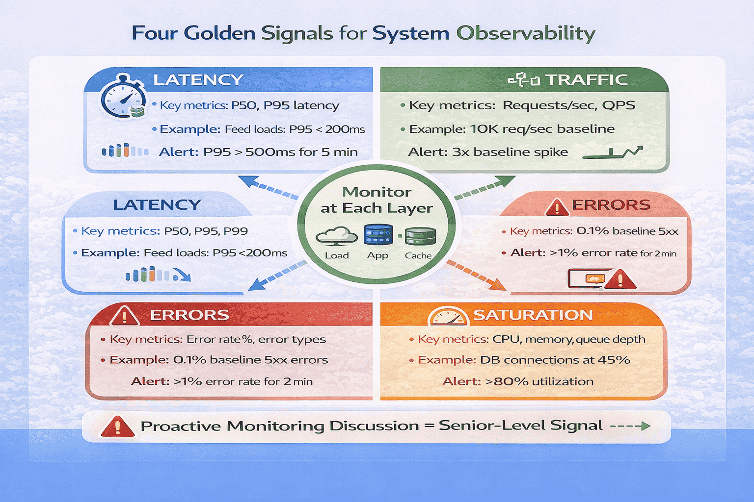 Generated with AI and Author: Visual representation of Four Golden Signals with example metrics for each