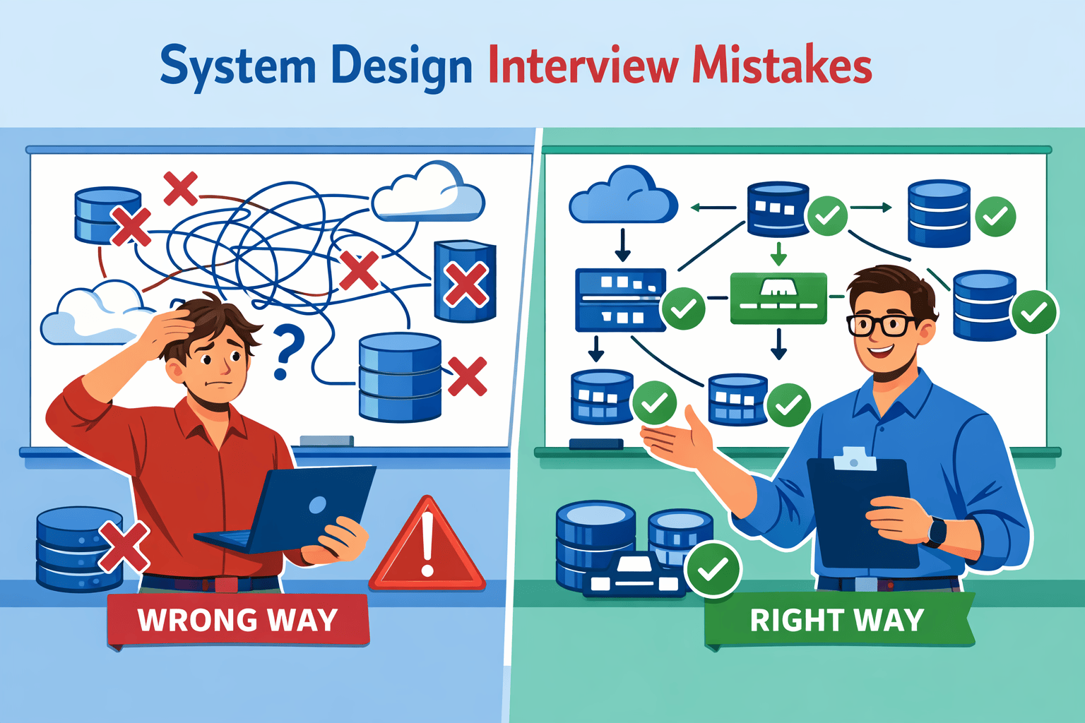 Generated with AI and Author: Vector-style illustration showing system design interview preparation with architectural diagrams, error symbols, and correction checkmarks