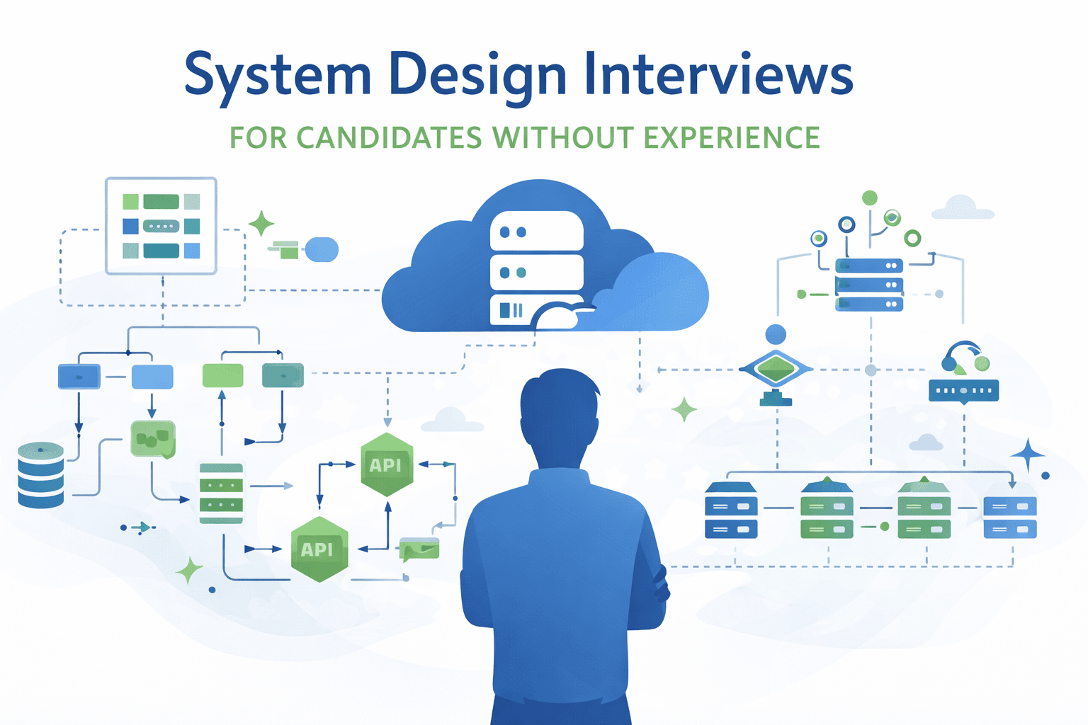 Generated with AI and Author: Vector illustration showing a confident software engineer standing before architectural diagrams and flowcharts, with thought bubbles containing system components like databases, APIs, and load balancers