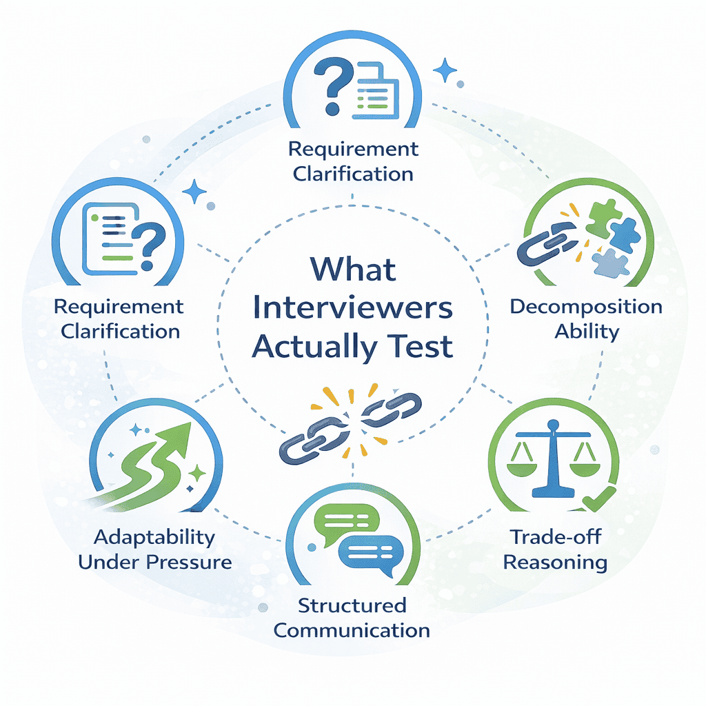 Generated with AI and Author: Infographic showing five key evaluation areas in system design interviews