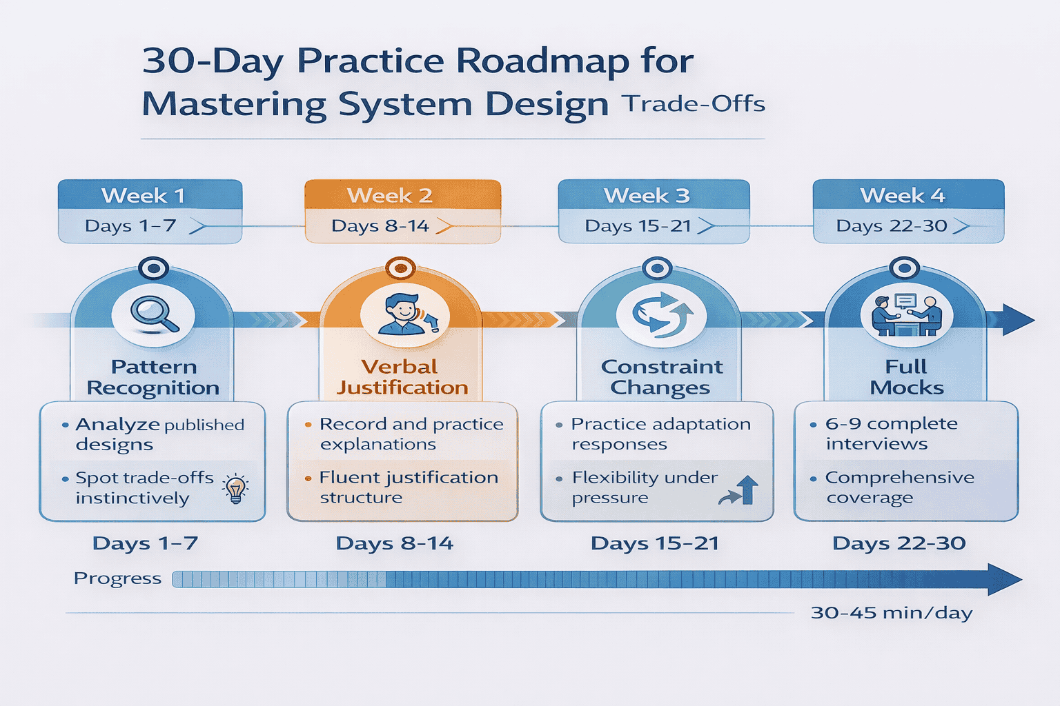 Generated with AI and Author: Visual timeline showing 30-day system design practice progression