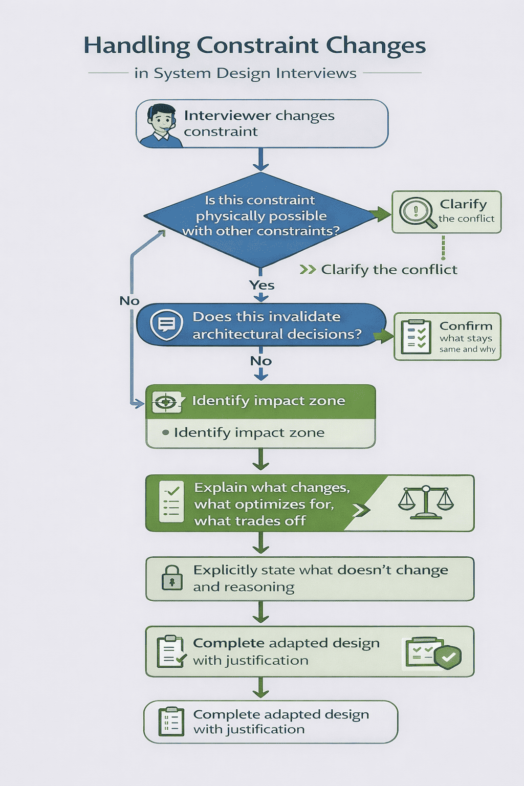 Generated with AI and Author: Decision flowchart for responding to mid-interview constraint changes