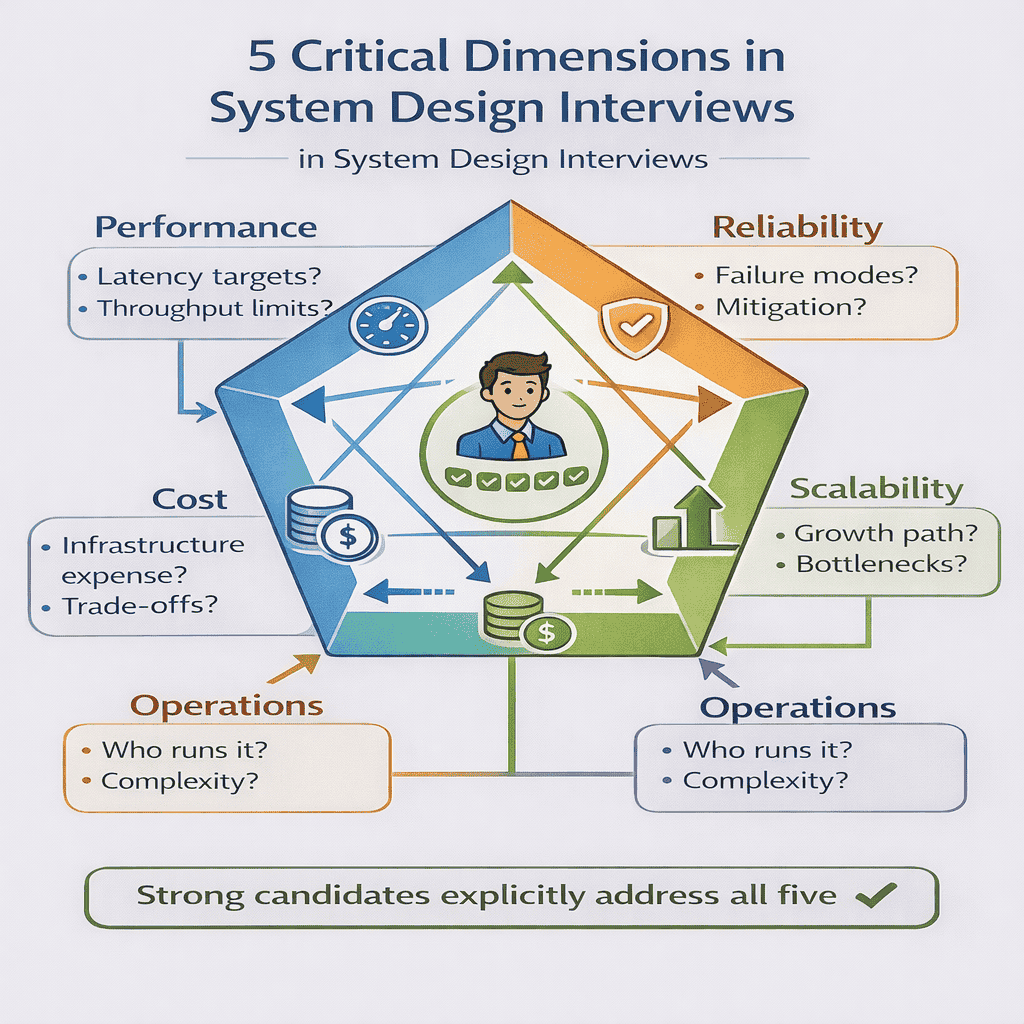 Generated with AI and Author: Visual representation of the five critical dimensions for system design evaluation
