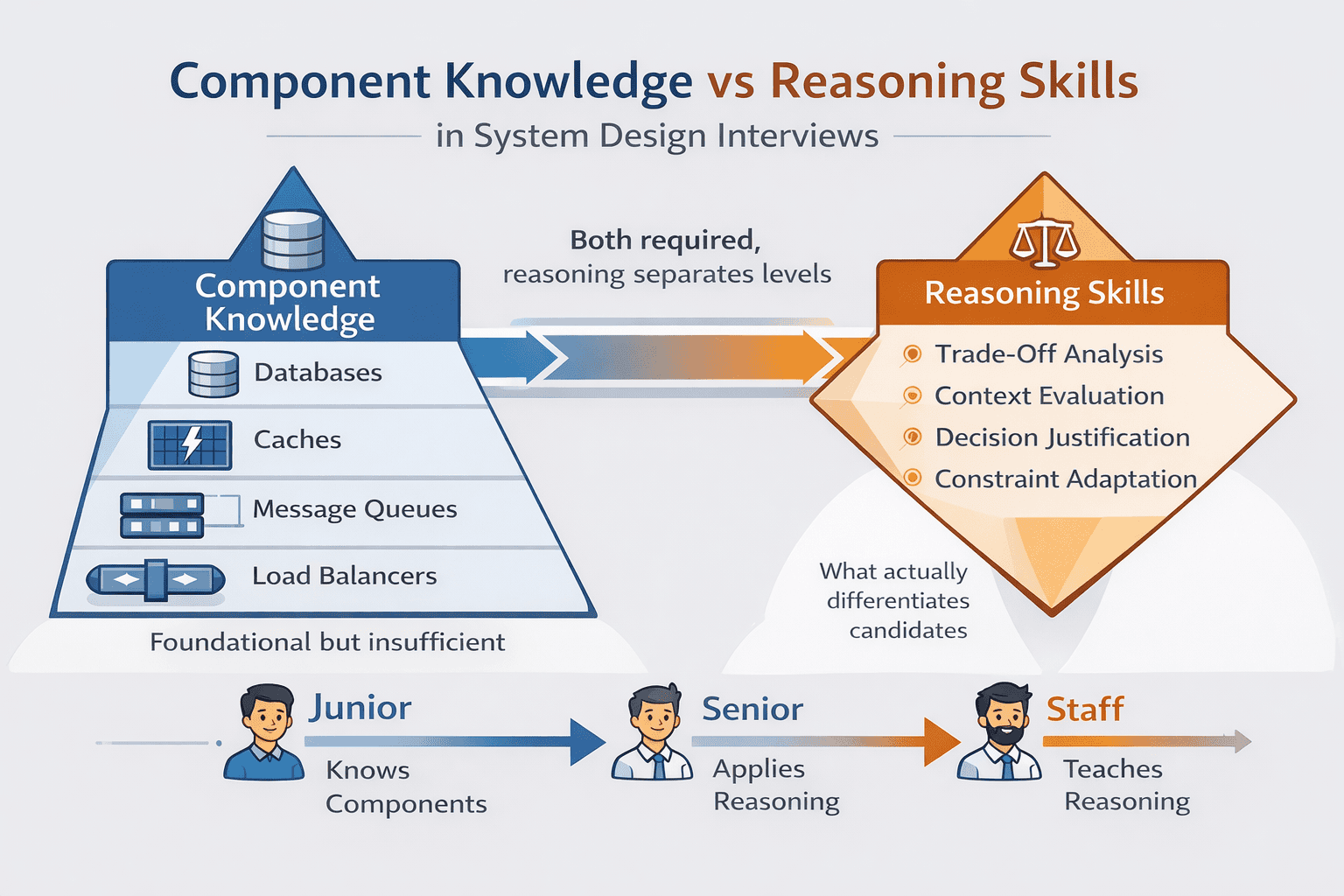 Generated with AI and Author: Comparison showing component knowledge versus reasoning skills in system design interviews