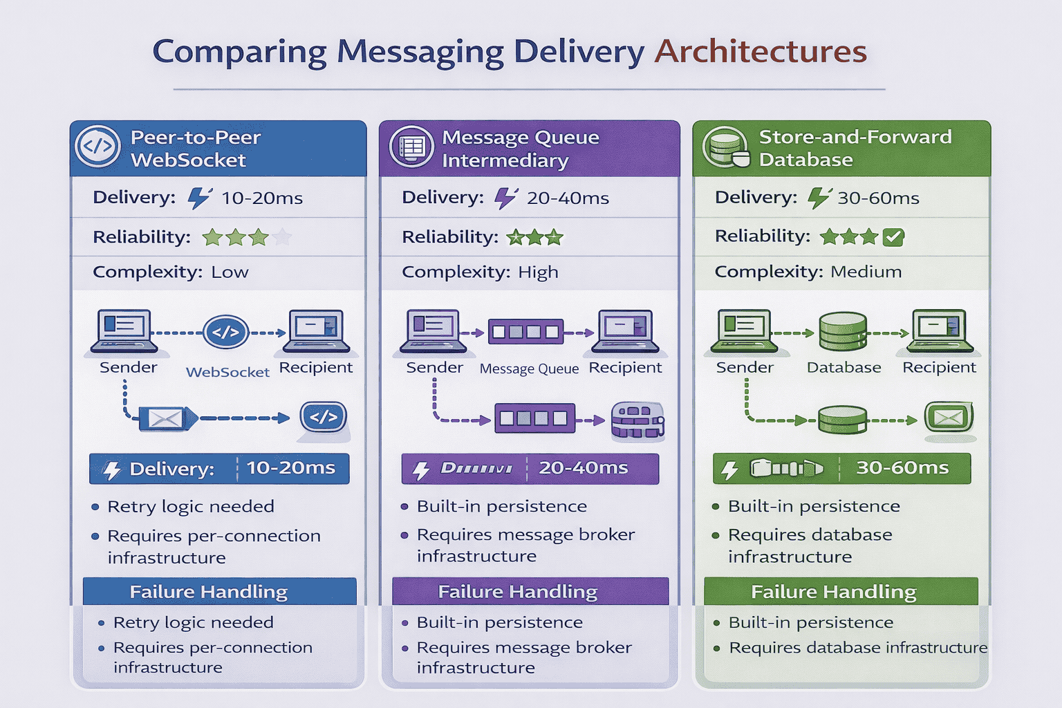 Generated with AI and Author: Comparison of messaging delivery architectures showing trade-offs
