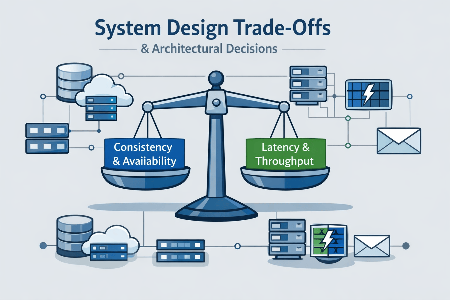 Generated with AI and Author: Vector illustration showing architectural decision-making with balanced scales weighing different system design options