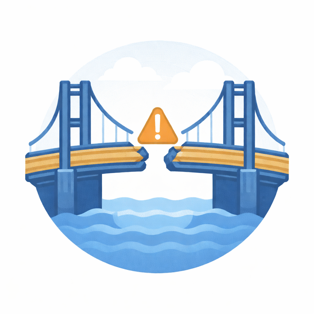 Generated with AI and Author: Bridge with gap symbol representing disconnect