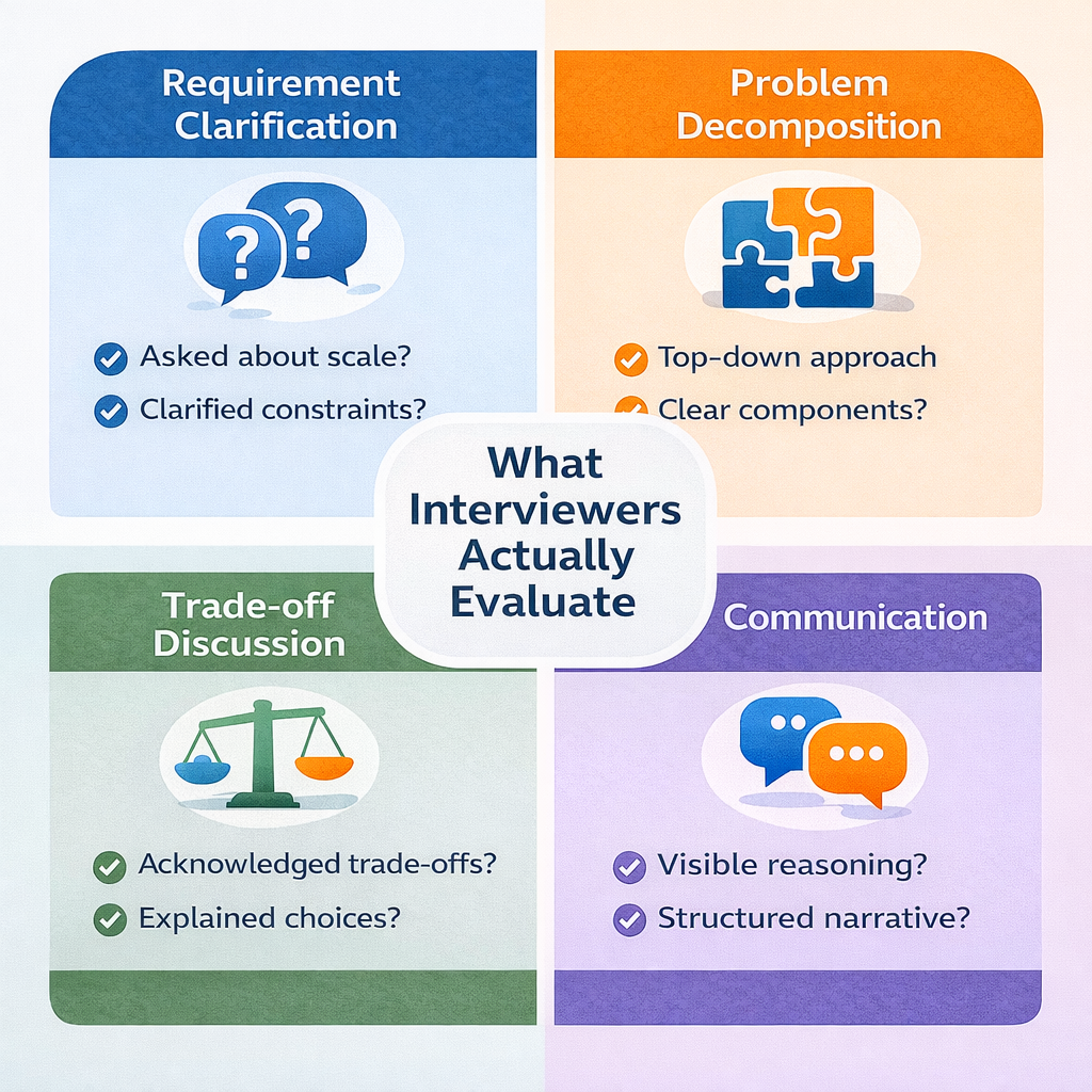 Generated with AI and Author: Visual breakdown of the four key evaluation criteria interviewers use during system design interviews