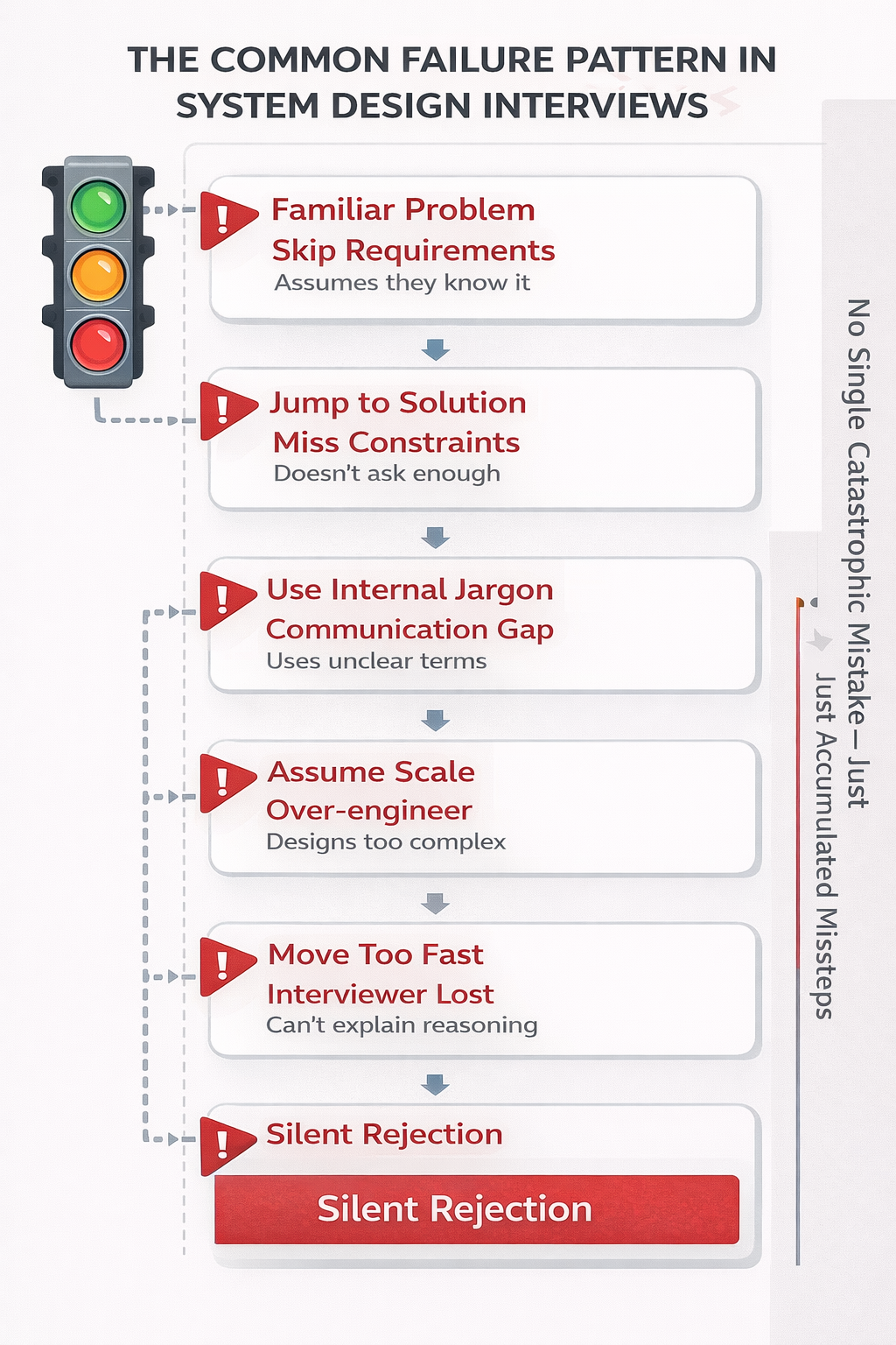 Generated with AI and Author: Flowchart showing how small mistakes compound into interview failure for senior developers