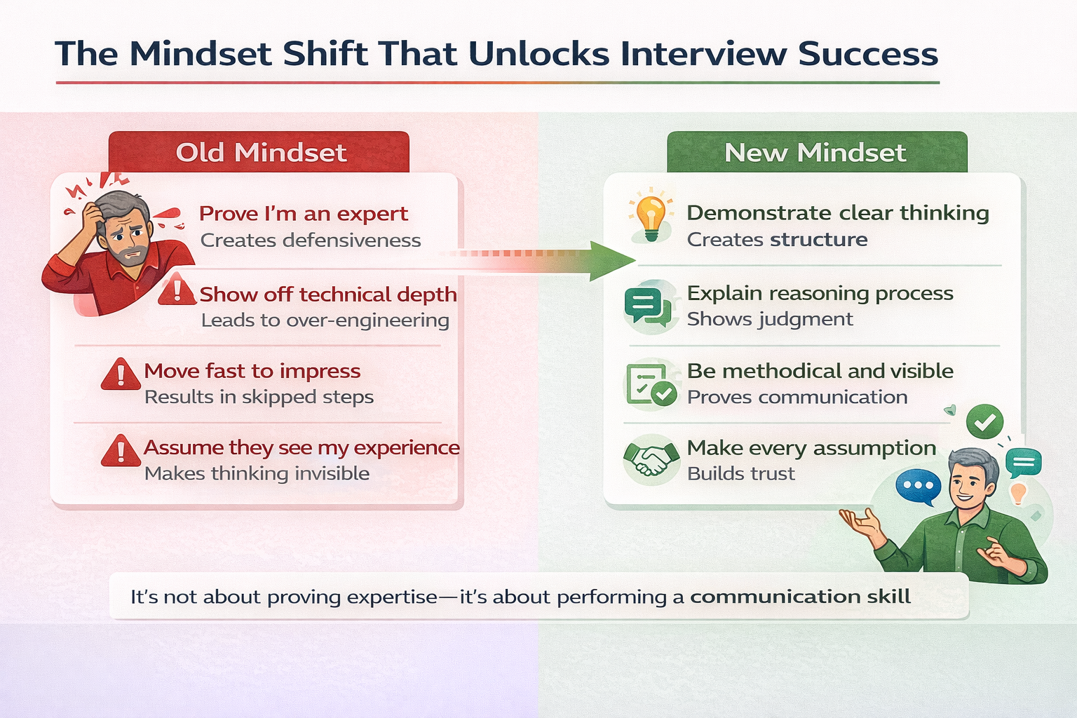Generated with AI and Author: Split comparison showing old mindset versus reframed mindset for senior developers