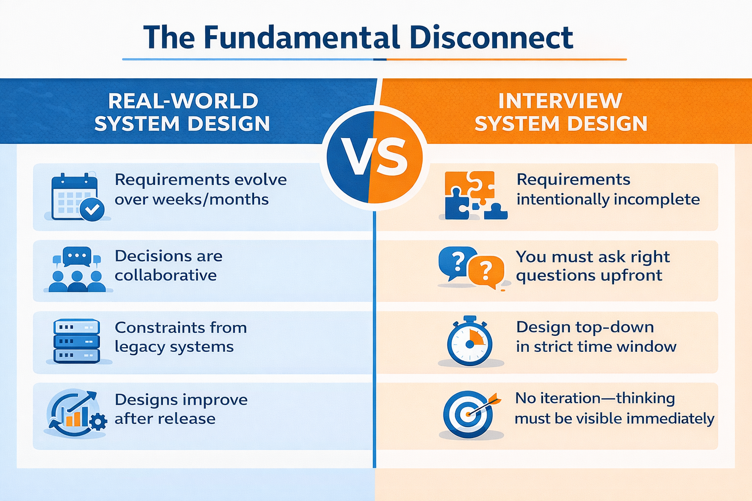 Generated with AI and Author: Side-by-side comparison showing real-world system design versus interview system design characteristics