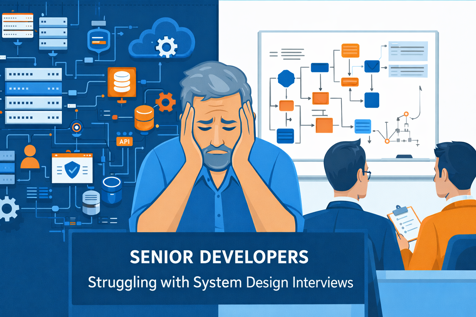 Generated with AI and Author: Vector illustration showing experienced developer facing interview challenge, split-screen design with production system on one side and interview whiteboard on other