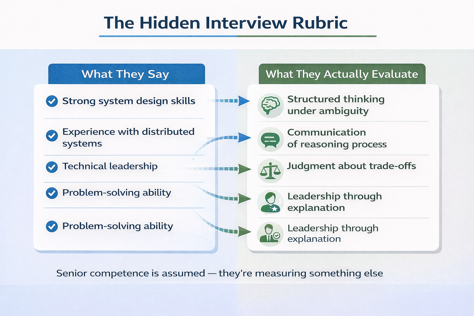 Generated with AI and Author: Four-quadrant diagram showing hidden evaluation criteria versus stated requirements